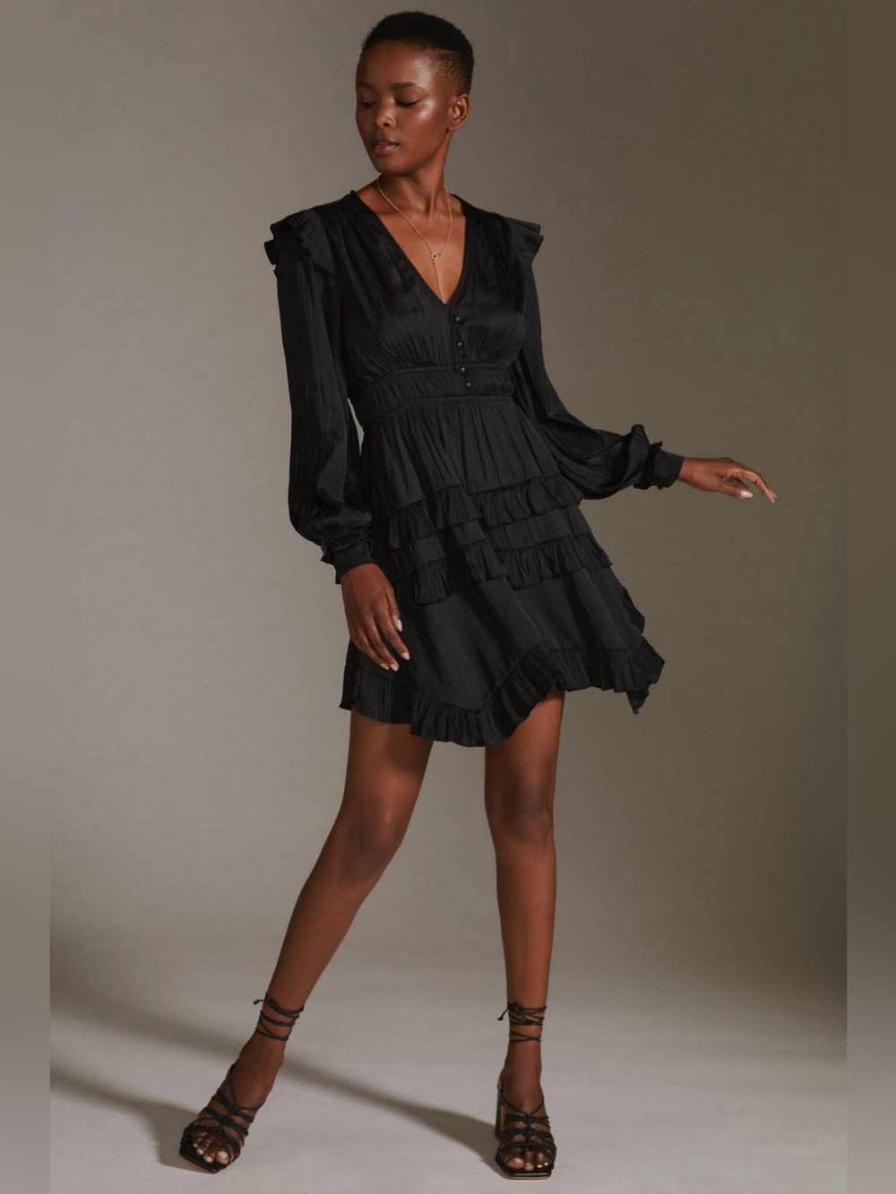Anthropologie Black Satin Tiered Dress - Picture 1 of 8